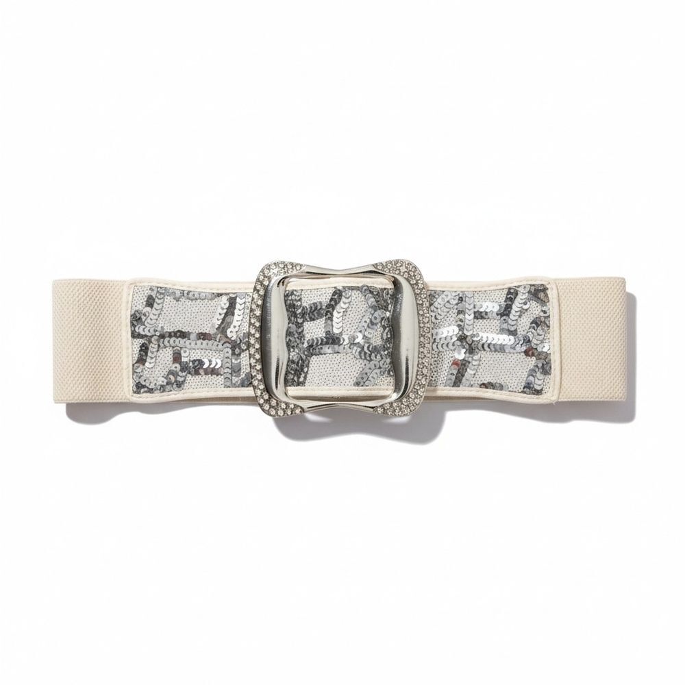 Elegant Silver and Off White Wide Sequin Belt  24"-38" Waist Elastic